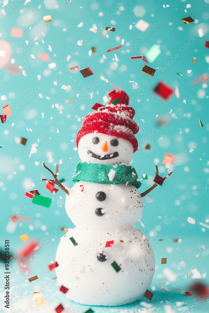 Fototapeta premium traditional real snowman on a light blue solid color background with flying red gold and green metallic confetti