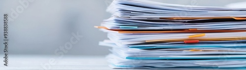 disorganized stack of papers, showcasing various documents and colorful sheets in a modern office setting.