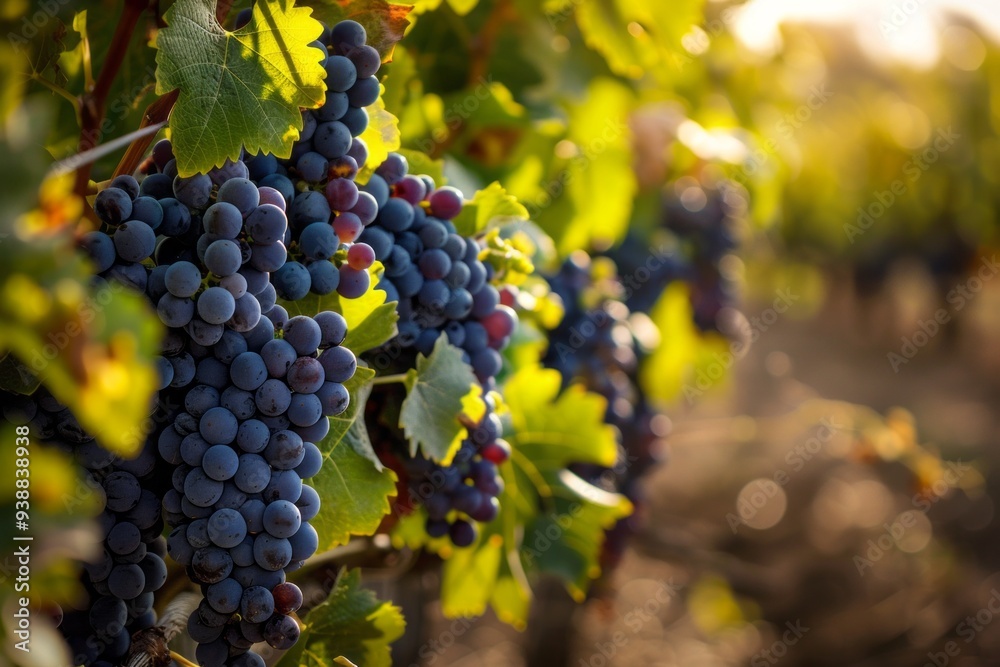 Naklejka premium Beautiful sunset landscape view of grape plantations, wine business concept