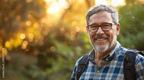 Portrait of a smiling mature man with a backpack in the woods. AI.