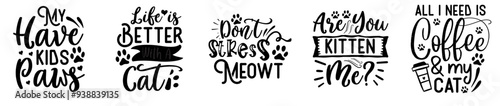 Creative Cat Inscriptions, Hand Lettering Set Vector Illustration for Sticker, Greeting Card, Bookmark