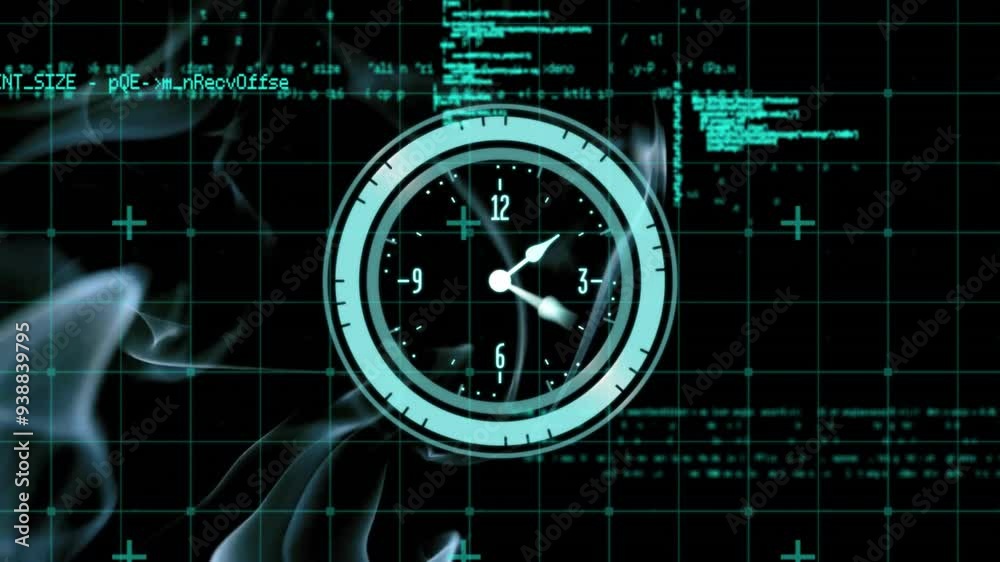Clock with moving hands over digital code and grid animation Clock with moving hands over digital code and grid animation