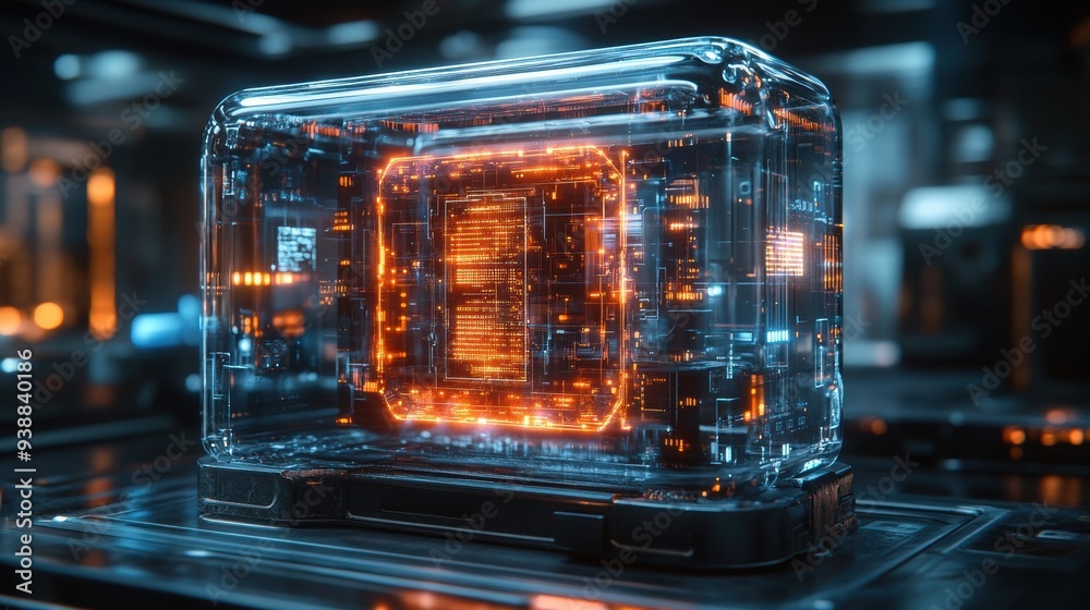 A high-tech transparent data cube featuring glowing circuits, showcased in a modern lab setting, symbolizing advanced digital technology and innovation. A high-tech transparent data cube featuring glowing circuits, showcased in a modern lab setting, symbolizing advanced digital technology and innovation.