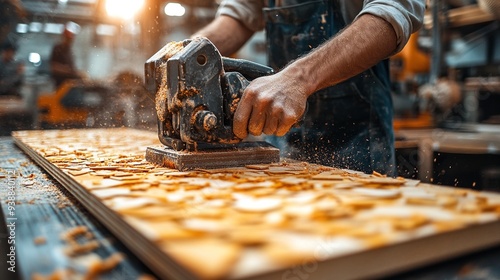 Carpenter uses an electric jigsaw to saw plywood in a workshop, highlighting the hand with the jigsaw. photo