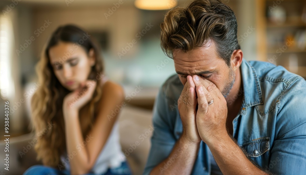 A couple sits in silence, with the man burying his face in his hands. AI. A couple sits in silence, with the man burying his face in his hands. AI.