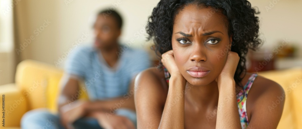 Obraz premium An upset woman sits with a troubled expression, while a man sits out of focus in the background. AI.