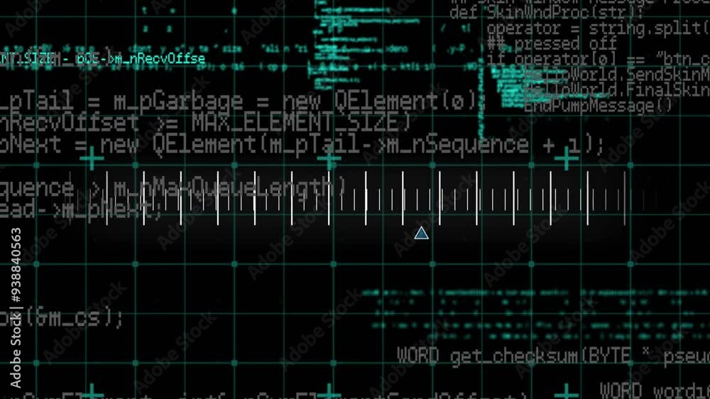 Programming code and data processing animation over grid background with text elements Programming code and data processing animation over grid background with text elements