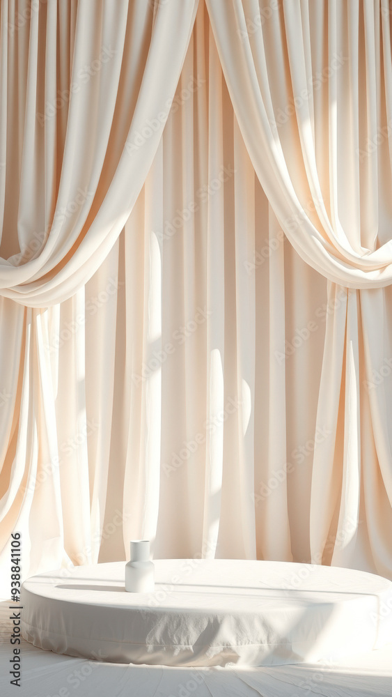 Minimalist Product Display with White Podium and Draped Fabric Background Minimalist Product Display with White Podium and Draped Fabric Background