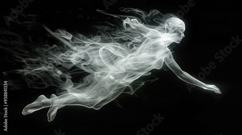 white humanoid figure is leaping on black background