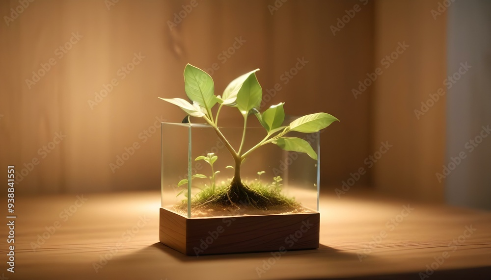 A plant growing in a wooden box with the sun behind it A plant growing in a wooden box with the sun behind it