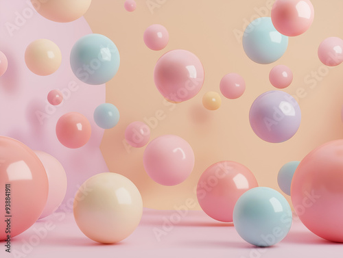 a background with pastel and vibrant 3D spheres, combining matte and glossy finishes for a dynamic and visually engaging effect