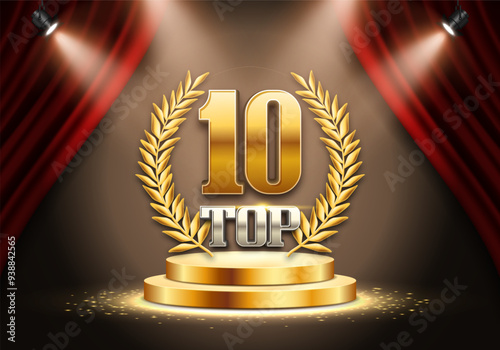 Top 10 award poster. Presentation 10 best on podium with red curtain illuminated by spotlights. Vector illustration.