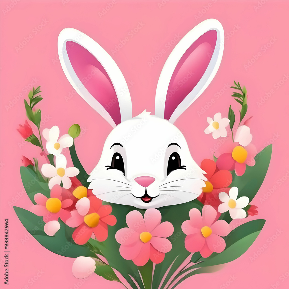 Cheerful cartoon rabbit with a large bouquet of flowers Cheerful cartoon rabbit with a large bouquet of flowers