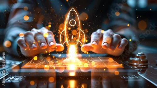 Igniting Innovation:  A glowing rocket ship launches from a digital tablet, symbolizing the transformative power of technology and entrepreneurship in the digital age. 