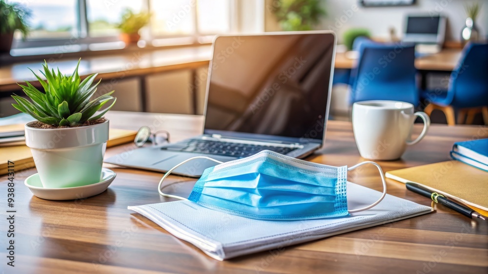 Naklejka premium A blue surgical mask lies on a cluttered office desk amidst paperwork, pens, and a laptop, highlighting the new normal in the modern workplace.
