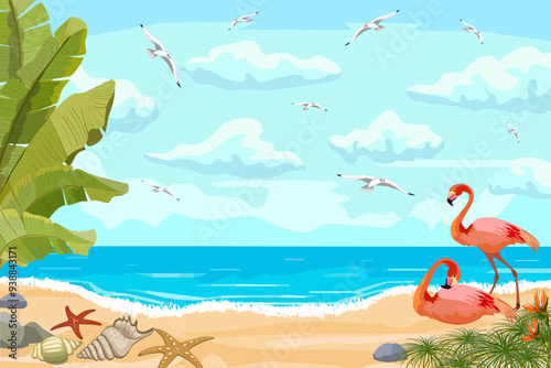 Seashore with birds and palm trees.Flamingos, palms and seashells on the seashore in color vector illustration.