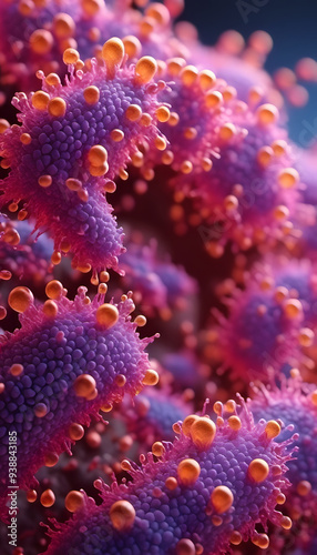 A close-up view of a colorful, abstract representation of a virus, showcasing intricate details with purple and orange hues, resembling a microscopic structure.