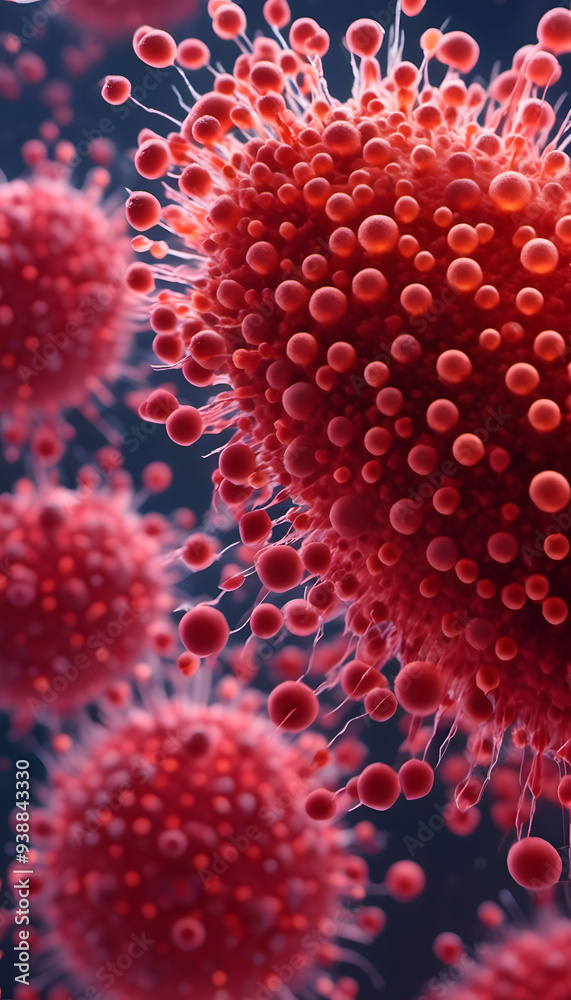 A close-up view of virus particles, showcasing their spherical shapes and protruding spikes. The image features a vibrant red color palette, highlighting the intricate details of the virus structure. A close-up view of virus particles, showcasing their spherical shapes and protruding spikes. The image features a vibrant red color palette, highlighting the intricate details of the virus structure.