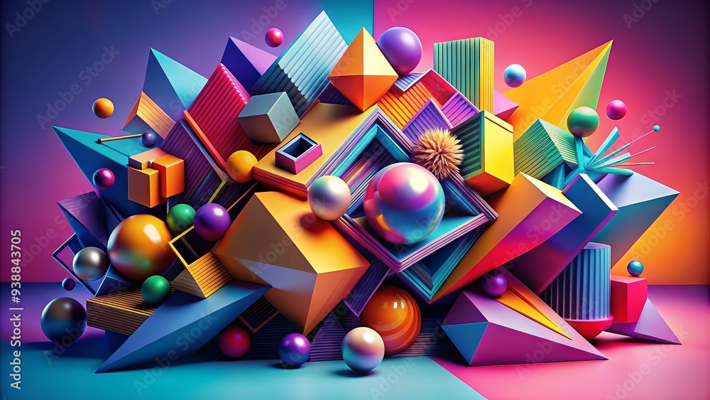 Abstract 3D Shapes Arranged In A Dynamic Composition With Vibrant Colors And Bold Lines, Creating A Modern And Eye-Catching Visual. Abstract 3D Shapes Arranged In A Dynamic Composition With Vibrant Colors And Bold Lines, Creating A Modern And Eye-Catching Visual.