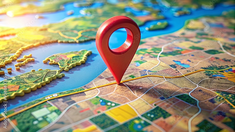 Abstract Aerial Image Of Colorful Map With Pinpoint Marker Indicating Location Abstract Aerial Image Of Colorful Map With Pinpoint Marker Indicating Location