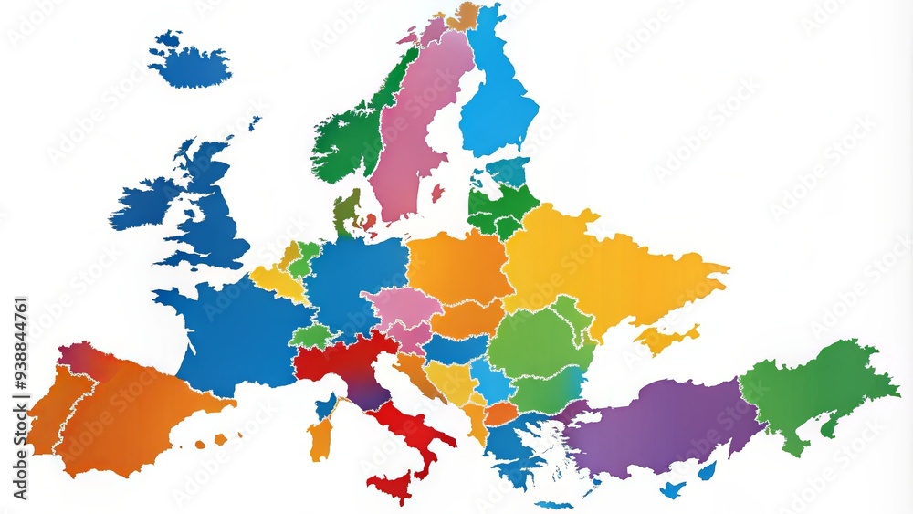 Fototapeta premium A clean and colorful map of Europe, highlighting individual countries with bold lines and bright colors, ideal for educational or travel-related projects.