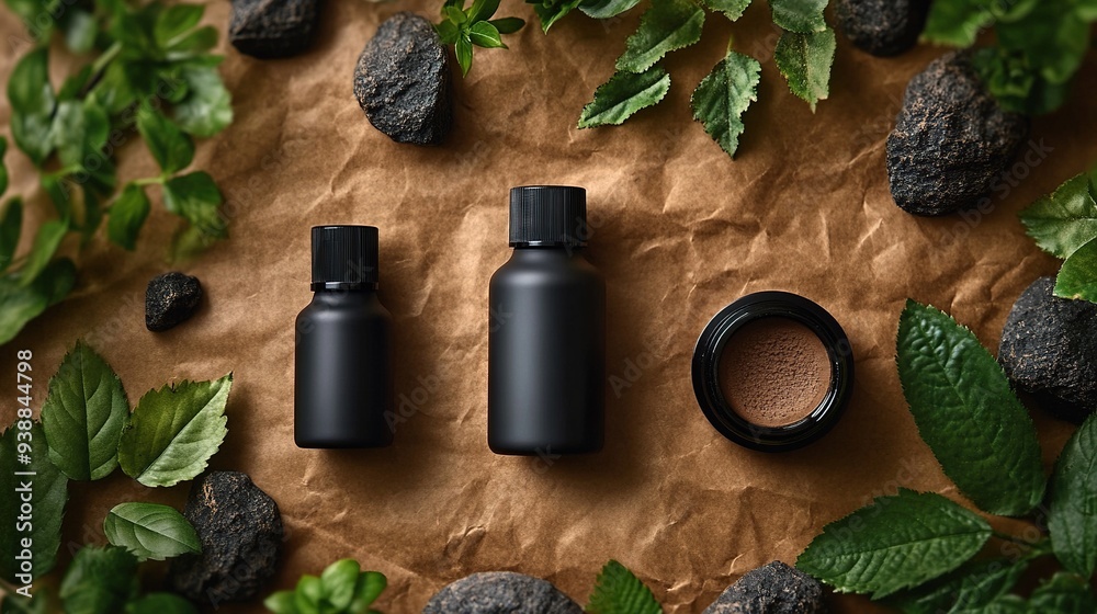 Clean black cosmetic bottles with men's skin care on craft paper against a brown background flat lay. Clean black cosmetic bottles with men's skin care on craft paper against a brown background flat lay.
