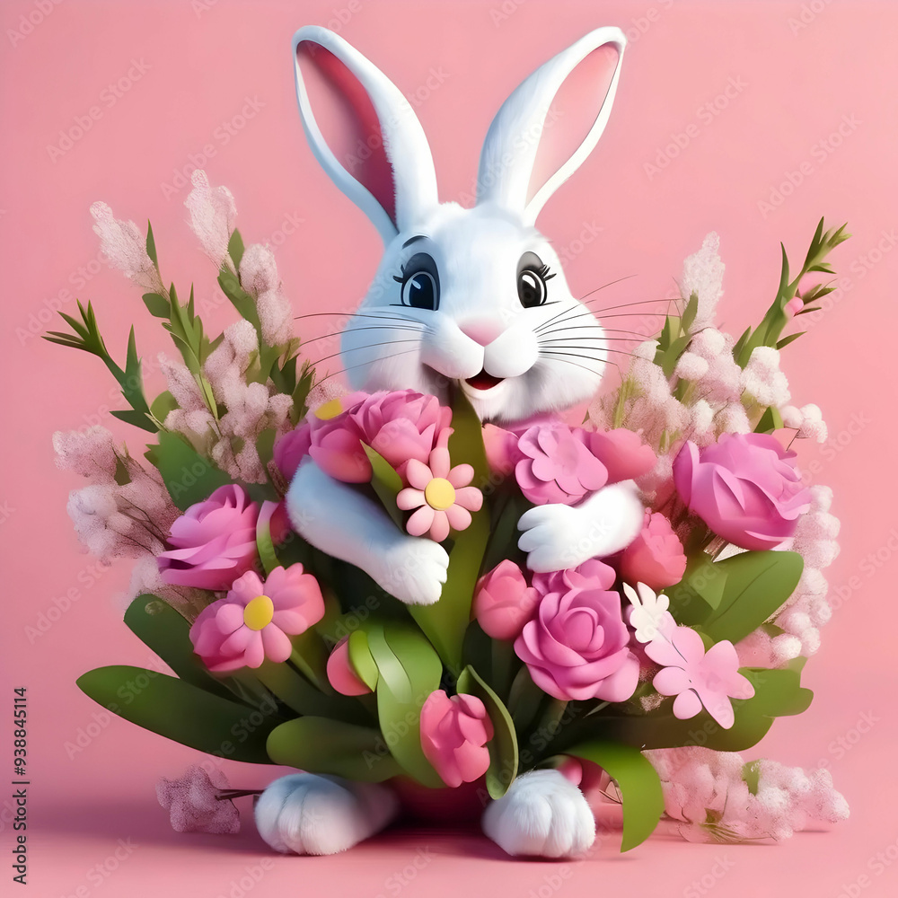 Cheerful cartoon rabbit with a large bouquet of flowers Cheerful cartoon rabbit with a large bouquet of flowers