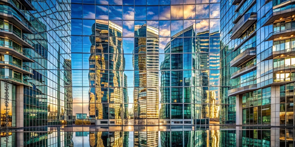 Fototapeta premium Mesmerizing reflection of modern skyscraper with abstract distortions