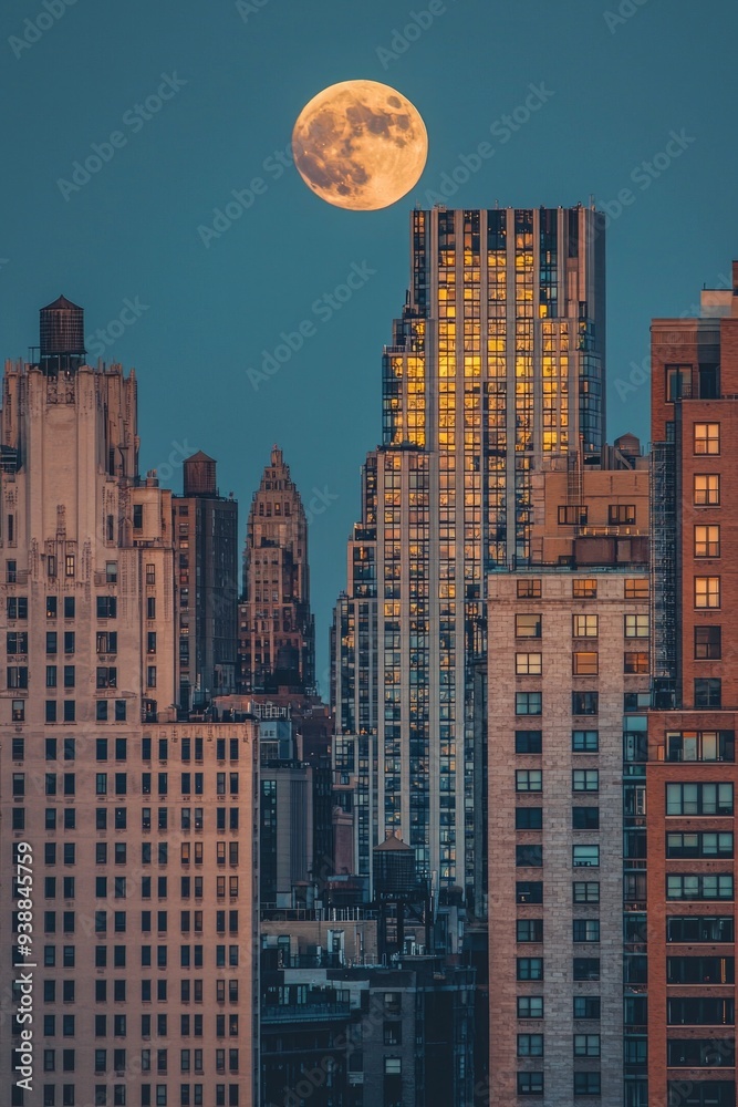 Obraz premium A full moon rising over a city skyline.