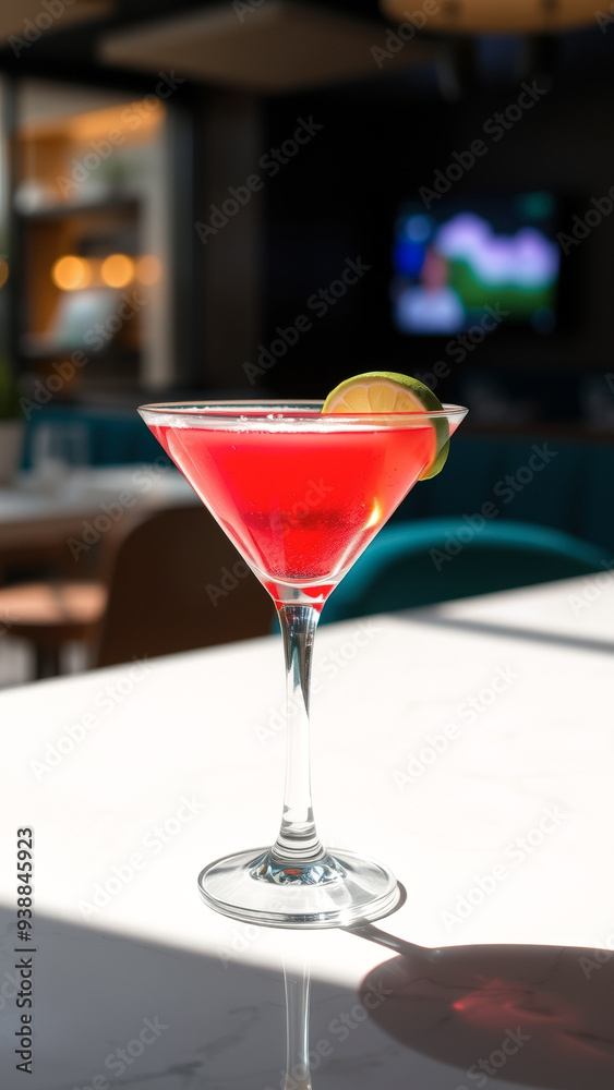 Red cocktail in martini glass with lime wedge Red cocktail in martini glass with lime wedge