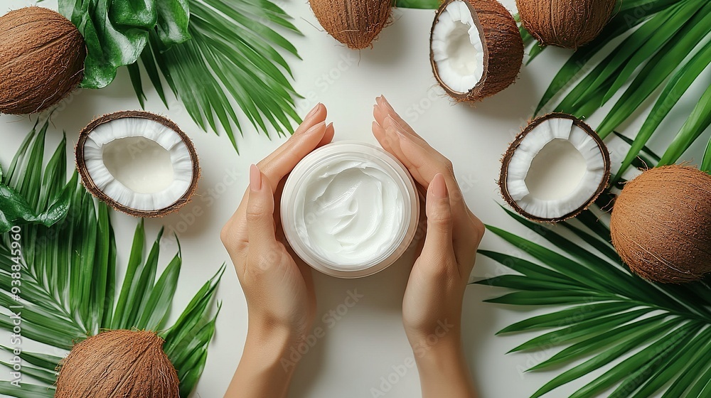 Organic coconut oil hand cream for skincare female hands applying lotion over white background with coconuts and palm leaf flat lay.