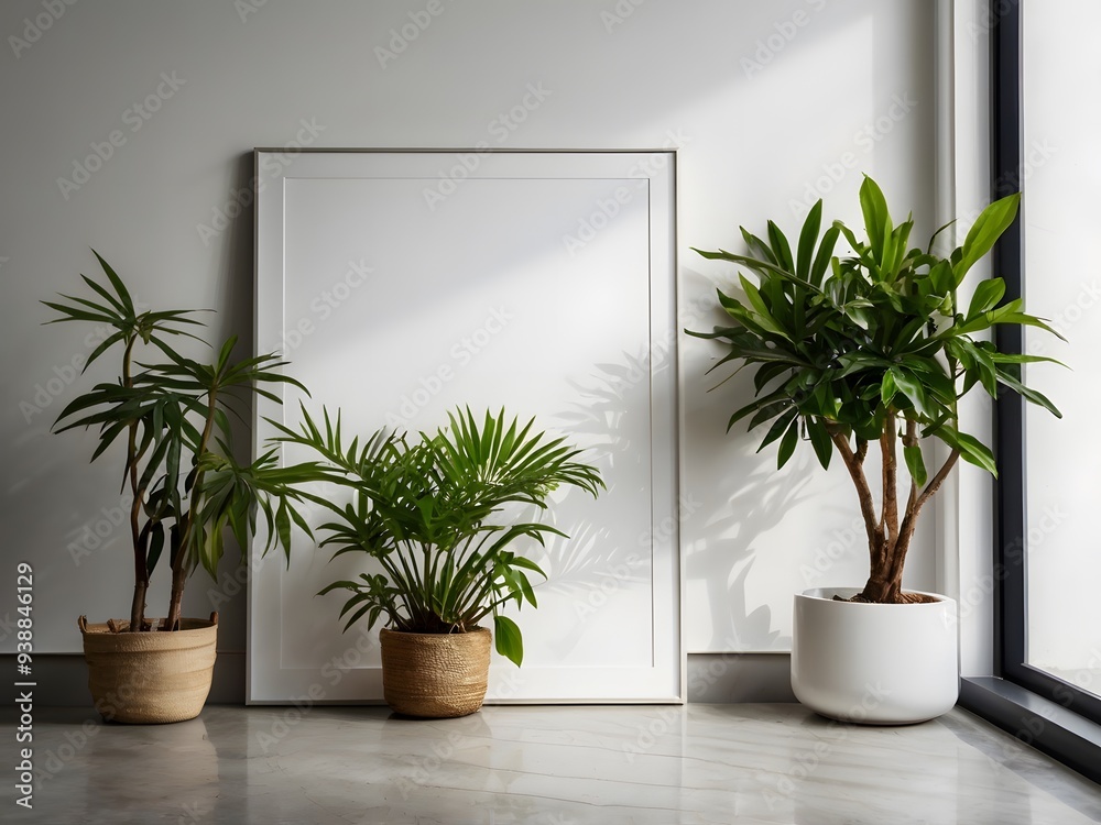 Background with white walls and plant Background with white walls and plant