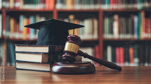 Court gavel, law textbooks, and a mortarboard on a wooden desk in a library, highlighting the importance of legal education and the study of legislation.