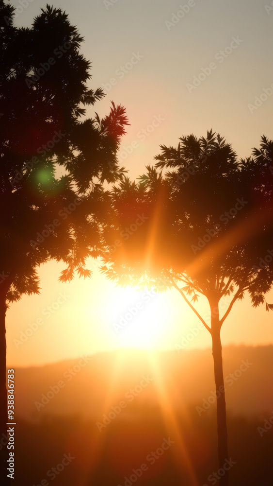 Naklejka premium Sunbeams Through Silhouetted Trees