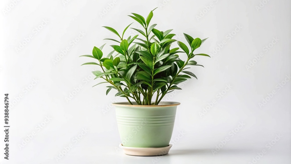 Fototapeta premium A delicate green potted plant with intricate leaves and slender stems sits alone on a clean white background, awaiting care and nourishment.