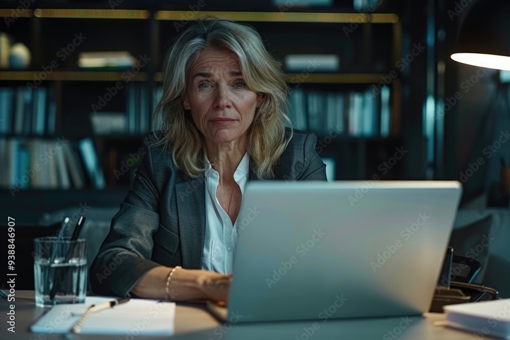 Mature businesswoman working on laptop at workstation. Mature businesswoman working on laptop at workstation.
