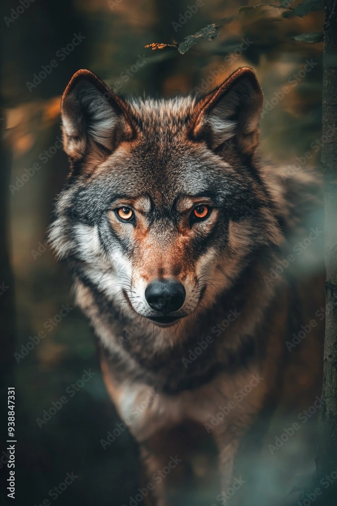 A lone wolf in the distance, staring directly at the camera, its piercing eyes sharply focused. A lone wolf in the distance, staring directly at the camera, its piercing eyes sharply focused.