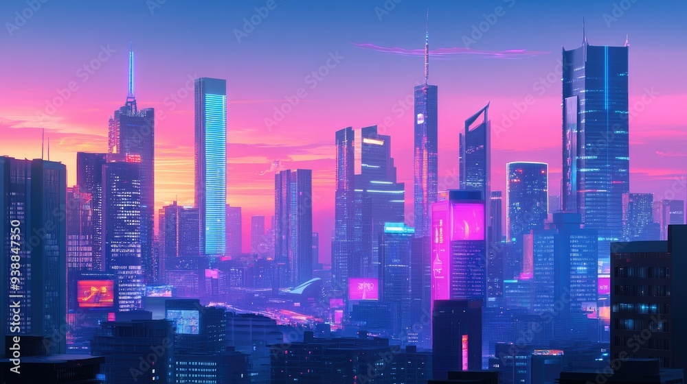 Futuristic cityscape with neon lights glowing at dusk, highlighting the modern architecture and vibrant energy of the urban environment. Futuristic cityscape with neon lights glowing at dusk, highlighting the modern architecture and vibrant energy of the urban environment.