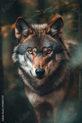 A lone wolf in the distance, staring directly at the camera, its piercing eyes sharply focused.