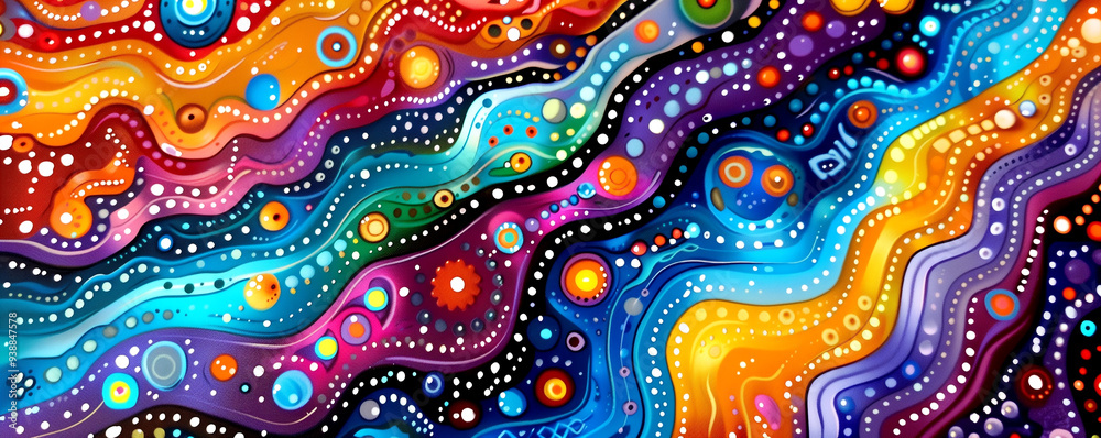 A colorful painting of a wave with many dots and circles. The painting is abstract and has a lot of different colors A colorful painting of a wave with many dots and circles. The painting is abstract and has a lot of different colors