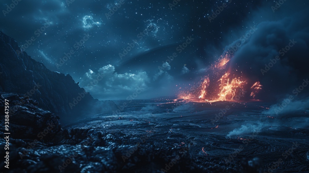 Fototapeta premium Erupting Volcano Under a Starry Night Sky