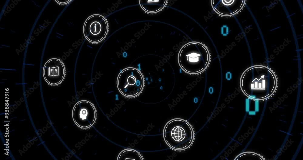 Binary code and digital icons animation over dark background with concentric circles Binary code and digital icons animation over dark background with concentric circles