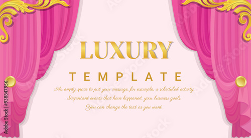 Curtains Pink color, Luxury curtains, Decorative silk cloth vintage frame for invitations and greeting cards. EPS vector.
