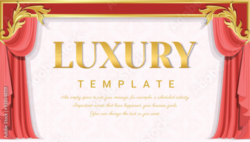 Luxury curtains Red color, Hand drawn style, Baroque ornament, and Golden outline floral border. Square theater background. Vector illustration.
