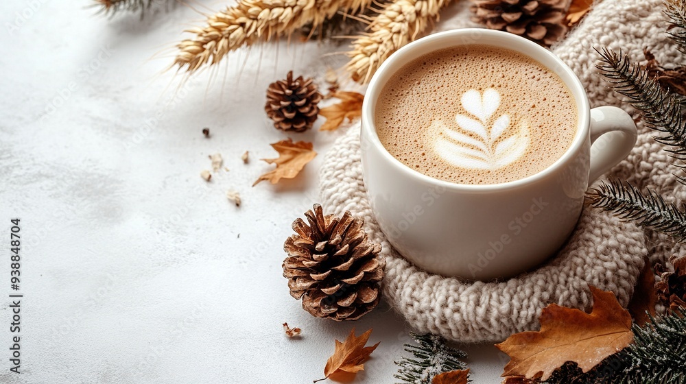 Cozy home desk with coffee cup, wheat box, and dry petals with pine cones. Autumn flat lay on white background. Hygge Nordic style. Cozy home desk with coffee cup, wheat box, and dry petals with pine cones. Autumn flat lay on white background. Hygge Nordic style.