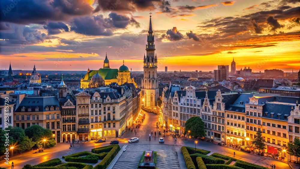 Naklejka premium Aerial Cityscape With Famous Landmarks And European Union Buildings In Downtown Brussels At Dusk