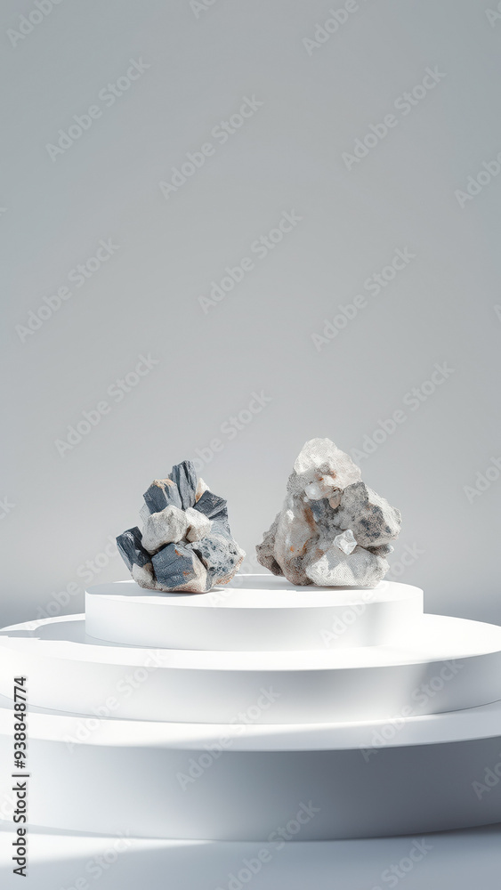 Two Rough Stone Formations on a White Pedestal Two Rough Stone Formations on a White Pedestal