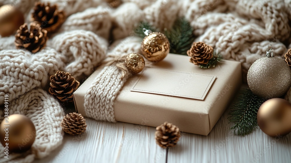 Fototapeta premium Craft paper gift box with Nordic ornaments and knitted plaid on white wood table vintage Christmas card template