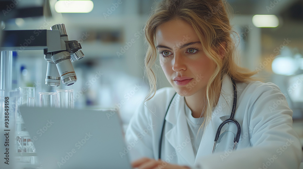A female doctor at a white desk with a laptop in a well-organized, minimalist office. The white room features essential medical equipment and a clean, professional appearance A female doctor at a white desk with a laptop in a well-organized, minimalist office. The white room features essential medical equipment and a clean, professional appearance