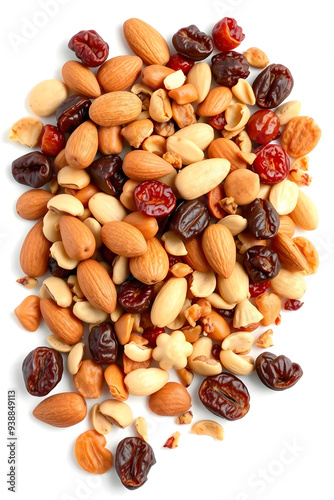 A colorful assortment of nuts and dried fruits scattered on a white background. The mix includes almonds, walnuts, and various dried berries, creating a vibrant and healthy snack option.